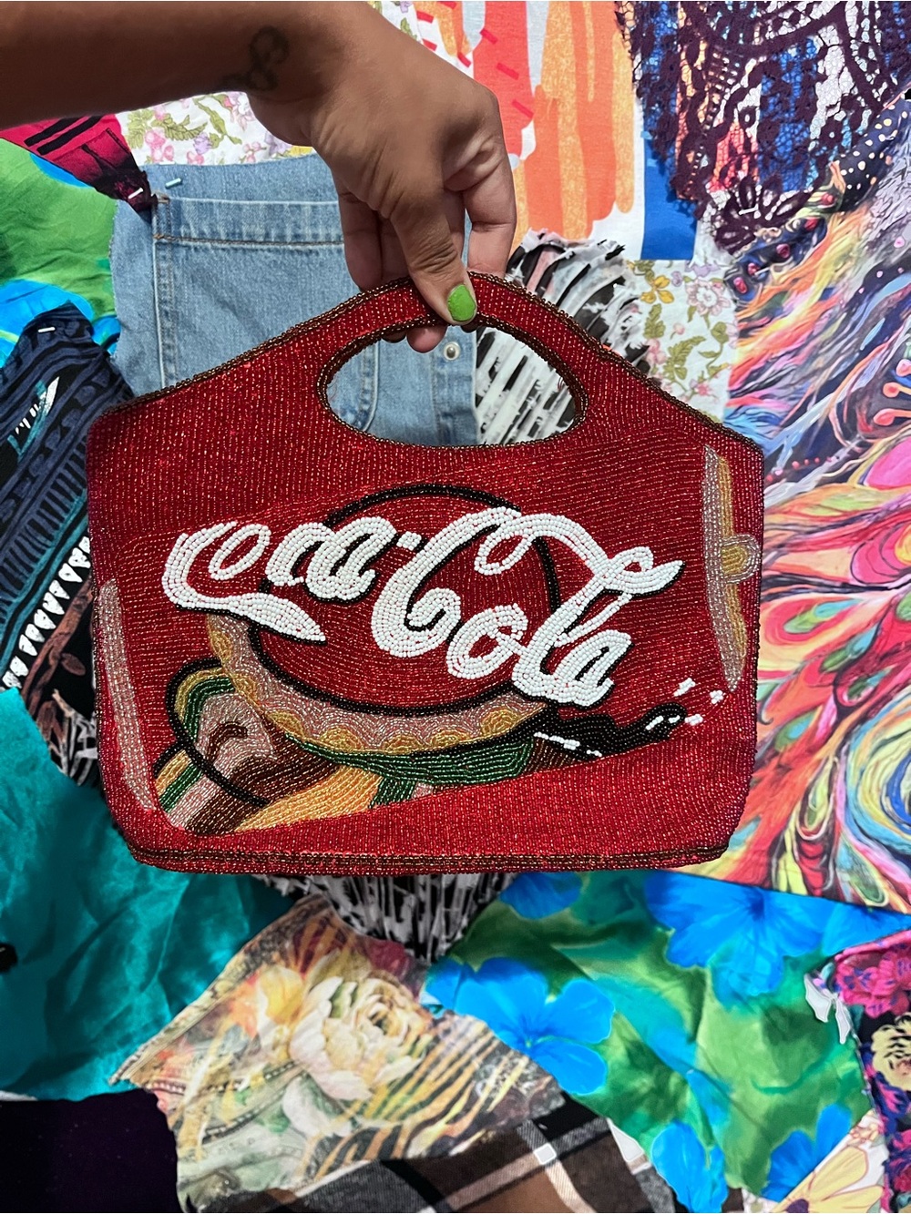 Coca Cola Red Beaded Logo Mini Tote with Multicolor Accents